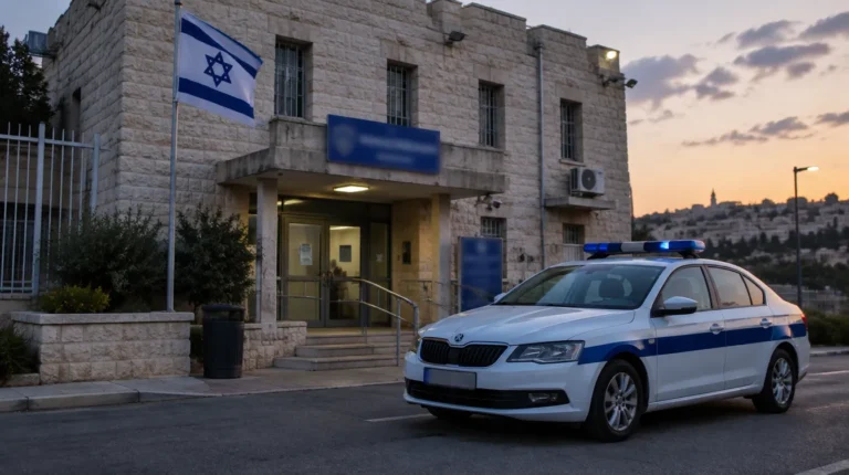 תחנת משטרה באבן ירושלמית וניידת משטרת ישראל בשעת דמדומים