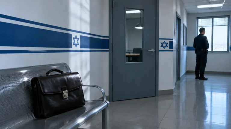תיק עורך דין על ספסל במסדרון תחנת משטרה בישראל