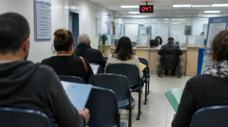 אולם המתנה בסניף ממשלתי, אנשים עם מסמכים ומשתמש בכיסא גלגלים