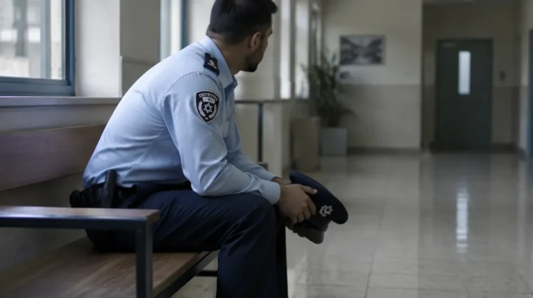 שוטר במדי משטרת ישראל יושב בספסל במסדרון ומחזיק את כובעו