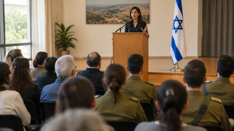 הרצאה באולם קהילתי בישראל, קהל אזרחים וחיילים