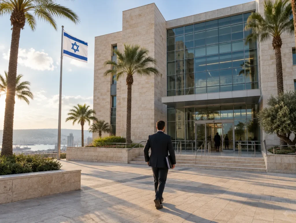 עורך דין צועד אל בניין בית משפט בחיפה