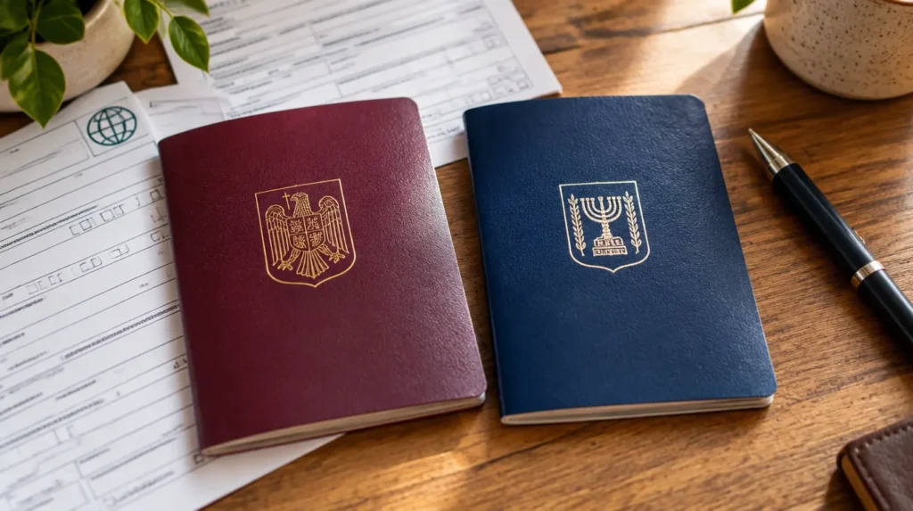 דרכון רומני ודרכון ישראלי על שולחן