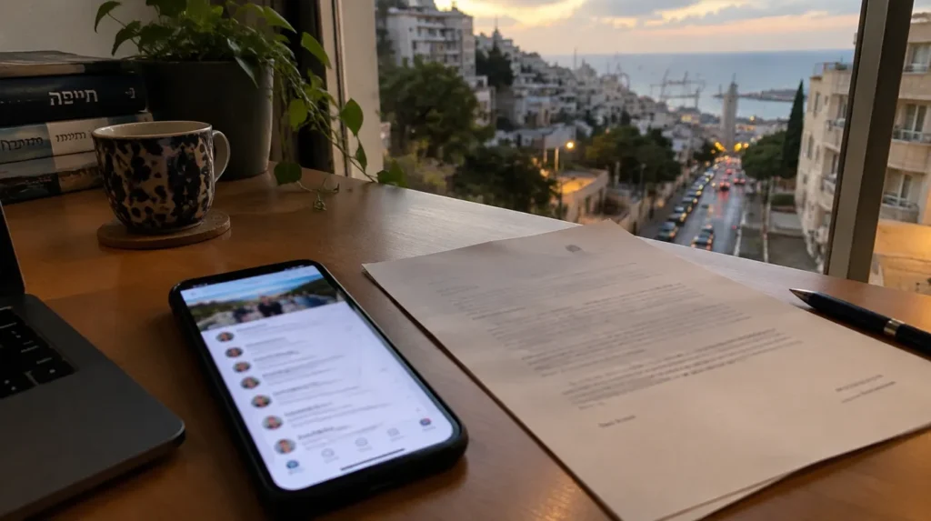 טלפון עם פוסט ברשת חברתית ומכתב על שולחן