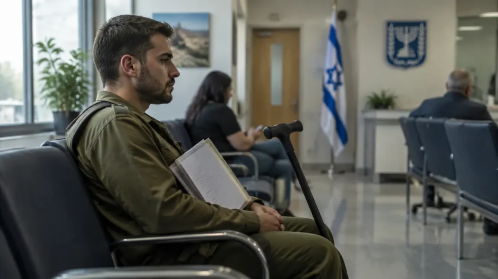 נכה צה"ל ממתין עם מסמכים במשרד ממשלתי