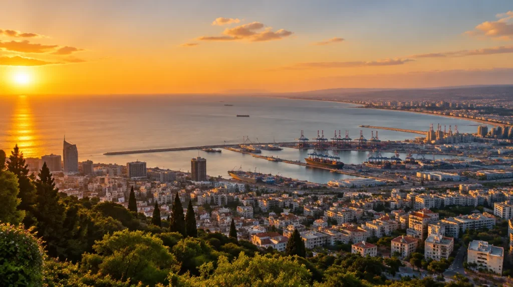 מפרץ חיפה מהכרמל בשקיעה